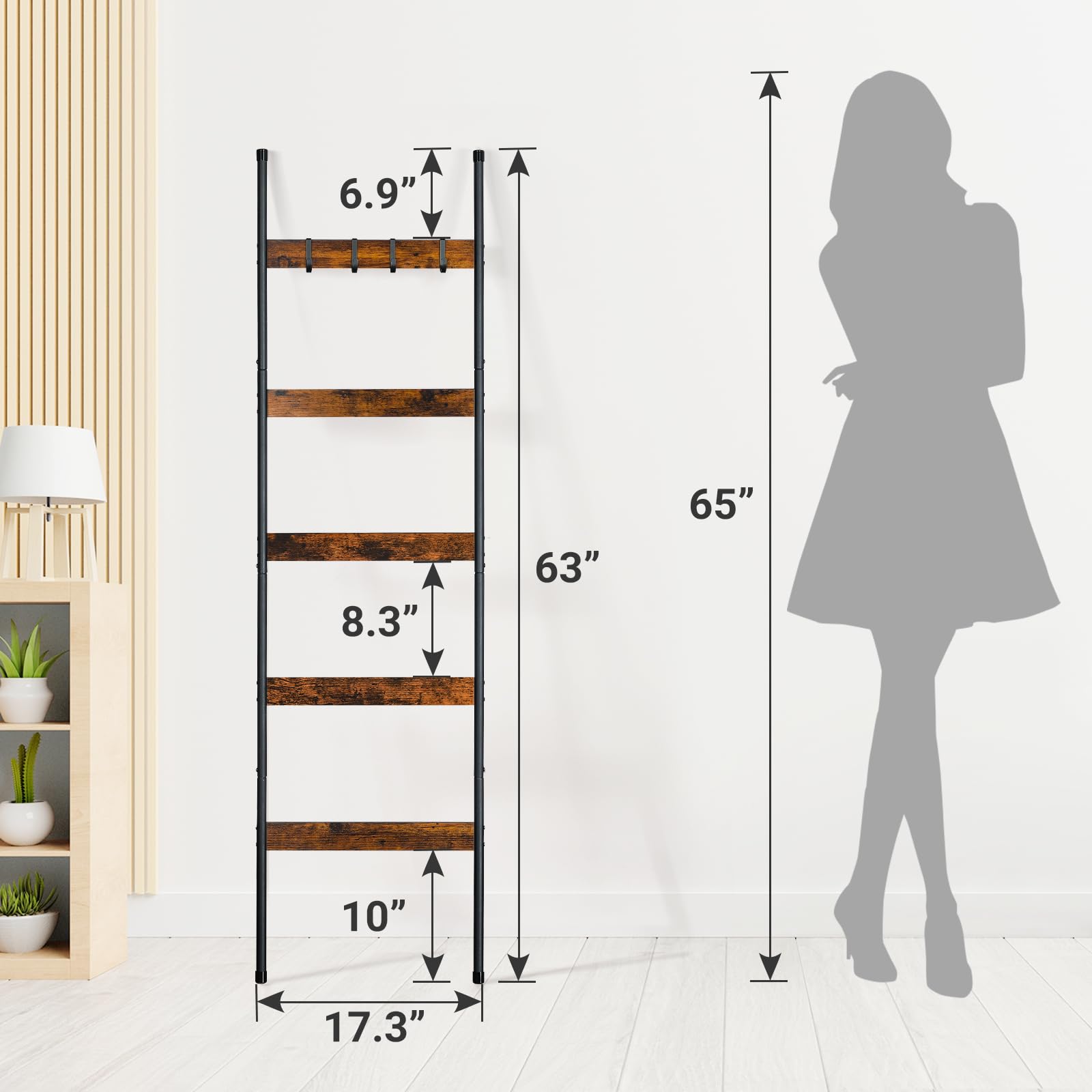 Elyken Blanket Ladder For Living Room, Farmhouse 5 -Tier Quilt Holder With 4 Removable Hooks For Bathroom, Wood Towel Rack Displ